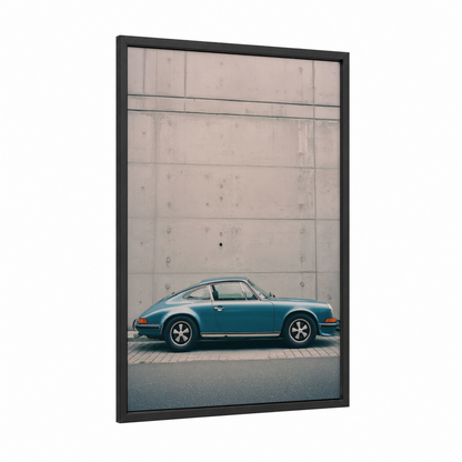 Turquoise Classic framed sports car print — black wood frame — teal and gray and white palette