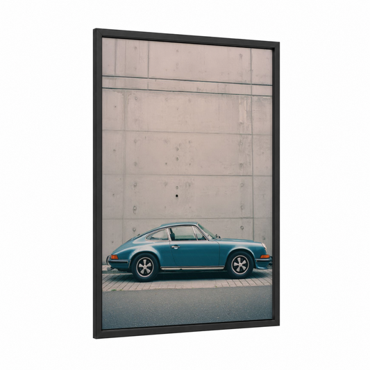 Turquoise Classic framed sports car print — black wood frame — teal and gray and white palette