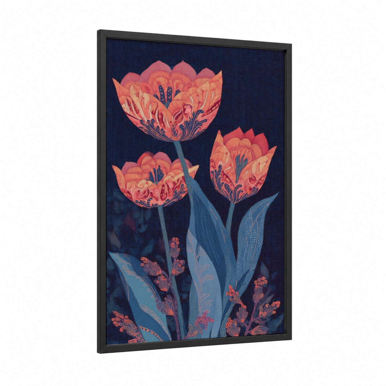 Coral Tulip Trio framed art print — black wood frame — blue and salmon pink palette