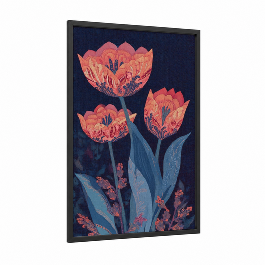 Coral Tulip Trio framed art print — black wood frame — blue and salmon pink palette