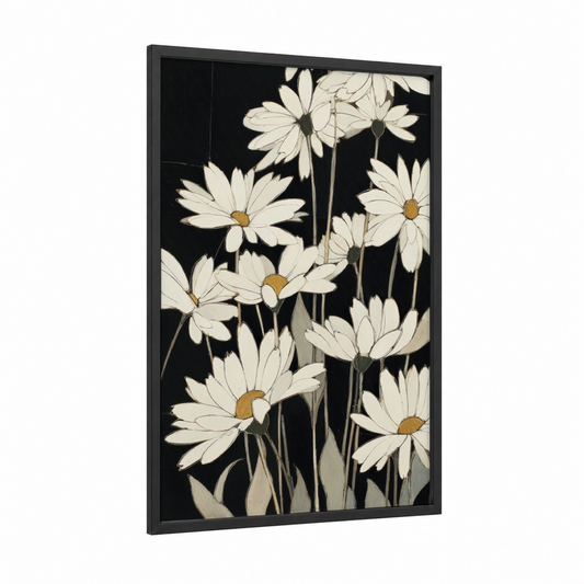 Midnight Daisies framed daisy print — black wood frame — black and white and gold palette