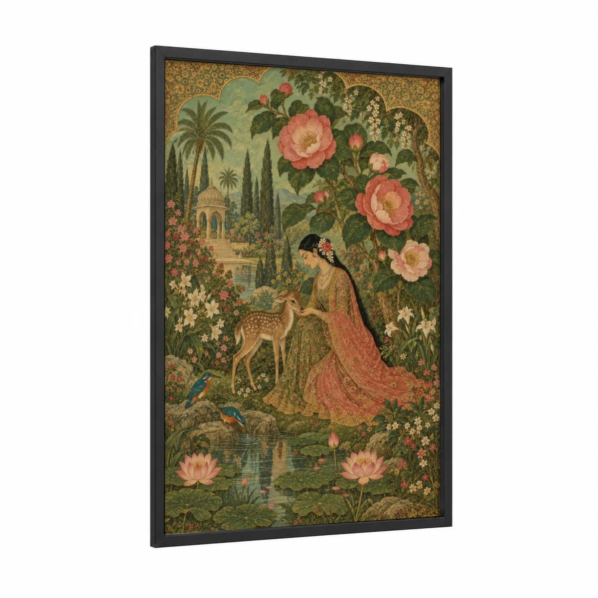 Persian Garden Lotus Deer Temple Wall Art framed art print — black wood frame — gold and green palette