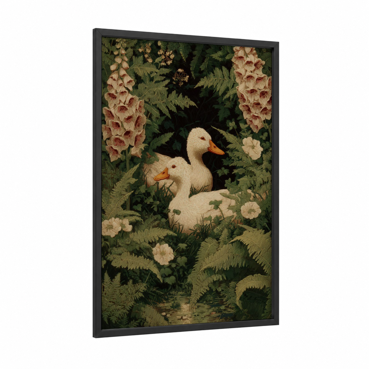 Garden Ducks framed art print — black wood frame — green and cream palette