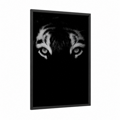 Piercing Tiger Eyes framed art print — black wood frame — black and white palette