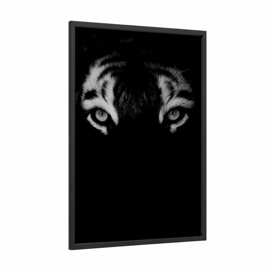 Piercing Tiger Eyes framed art print — black wood frame — black and white palette