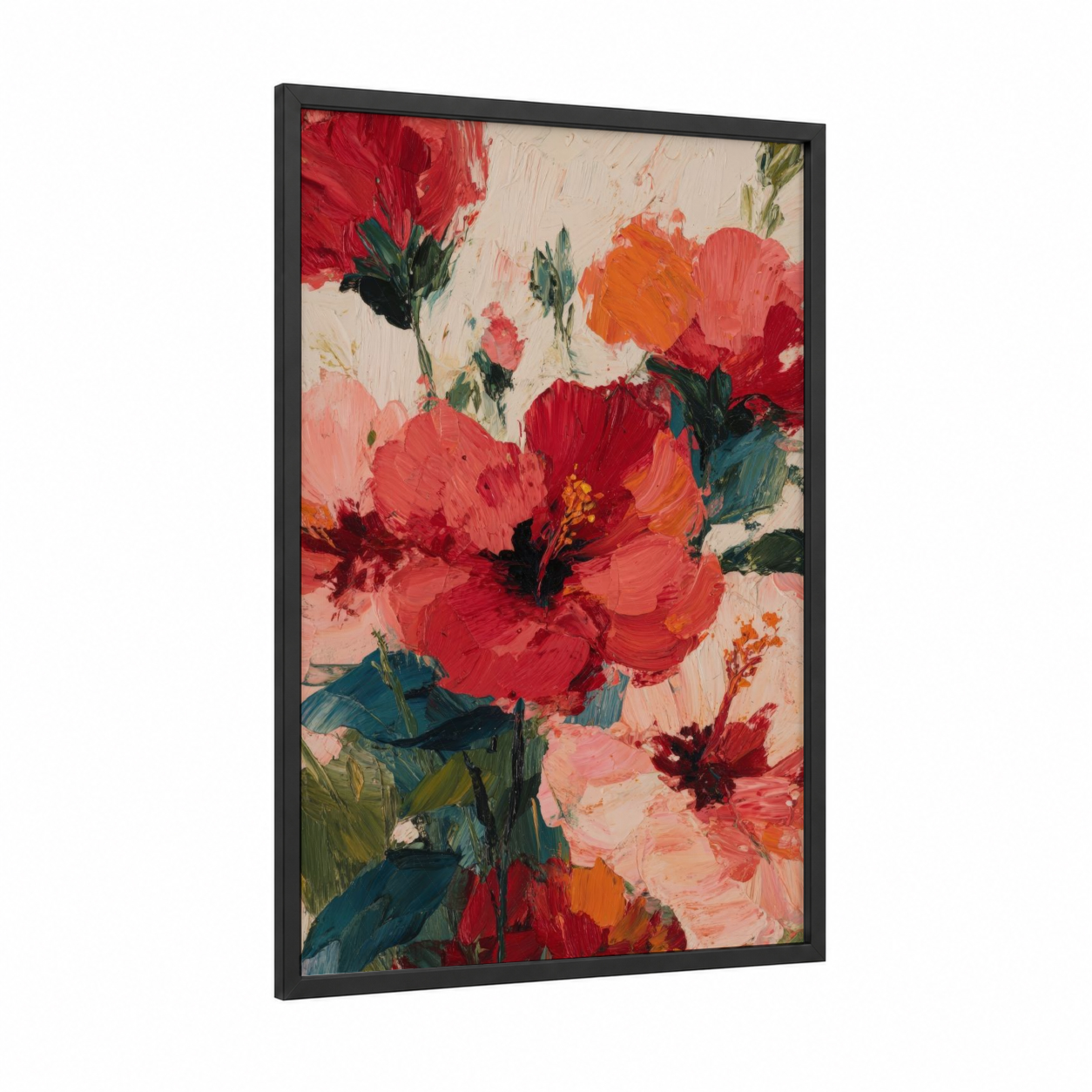 Crimson Hibiscus Blooms framed art print — black wood frame — red and gold palette