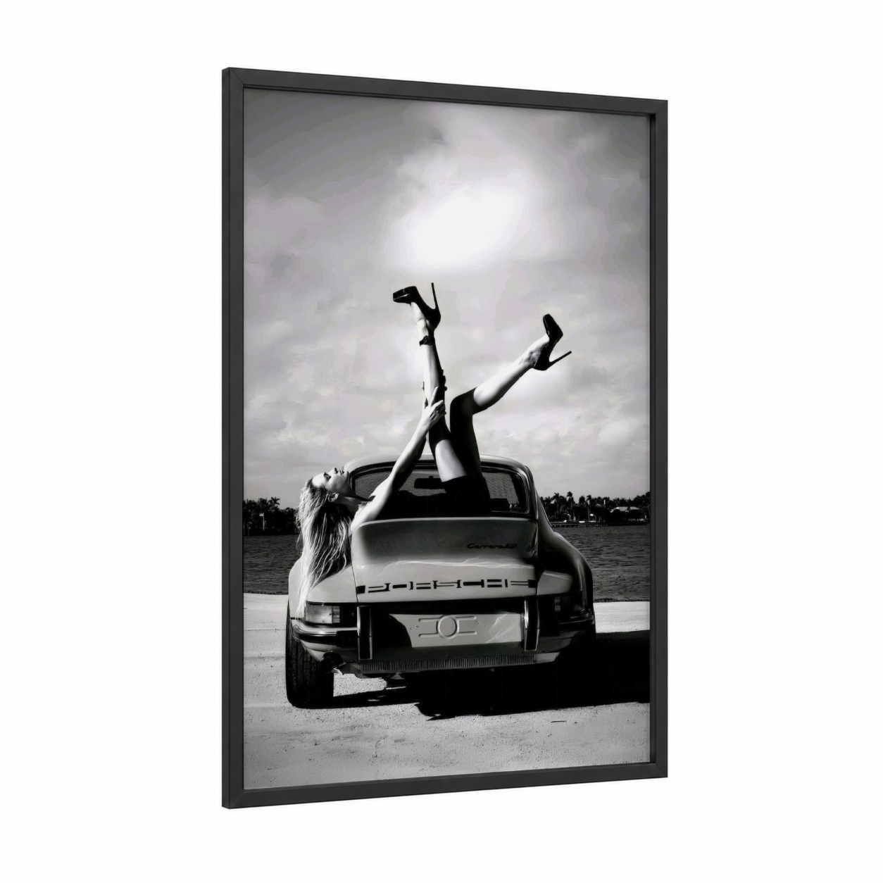 Carefree Cruiser framed sports car print — black wood frame — black and white palette