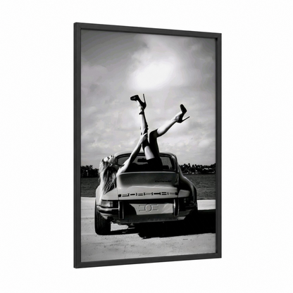 Carefree Cruiser framed sports car print — black wood frame — black and white palette