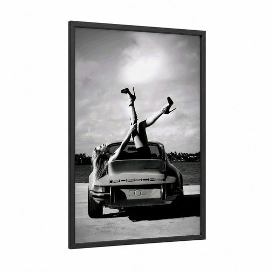 Carefree Cruiser framed sports car print — black wood frame — black and white palette