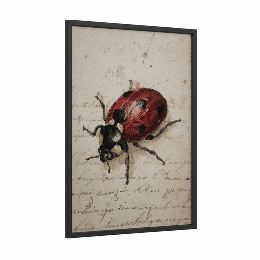 Vintage Ladybug framed art print — black wood frame — red and black and white palette