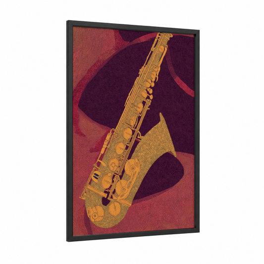 Golden Saxophone framed art print — black wood frame — gold and maroon palette