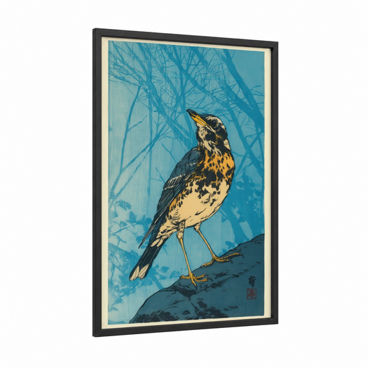 Spotted Thrush framed art print — black wood frame — blue and gold palette
