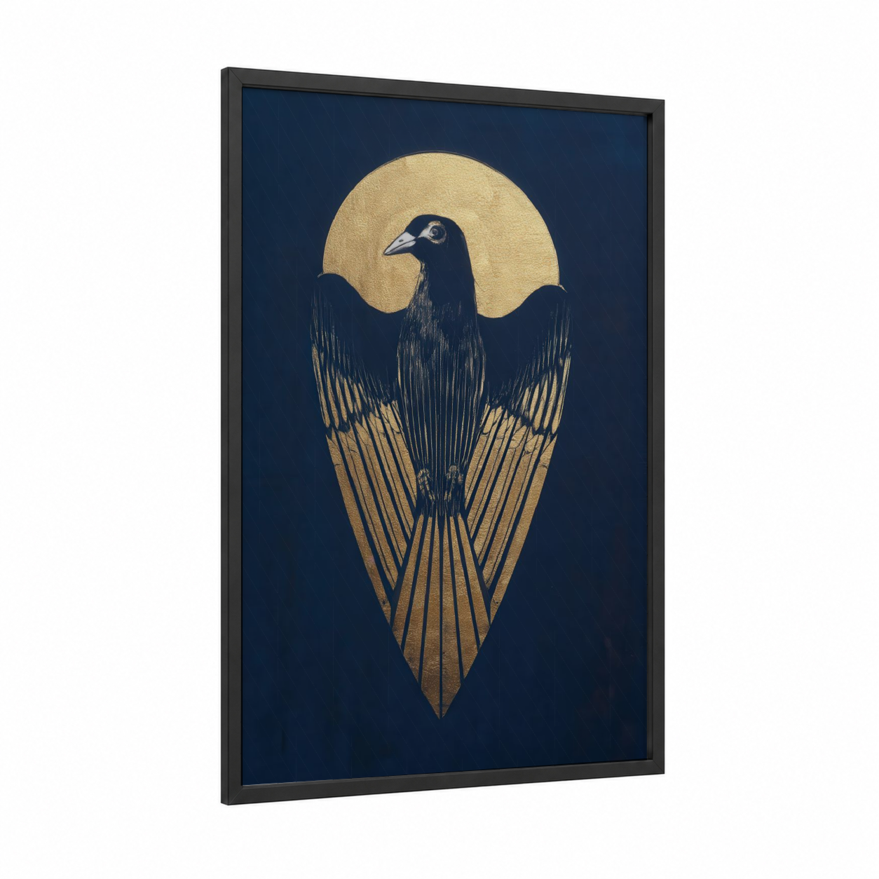 Golden Dove Ascension framed art print — black wood frame — gold and dark blue palette
