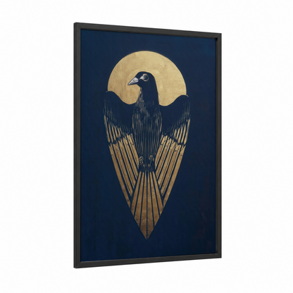 Golden Dove Ascension framed art print — black wood frame — gold and dark blue palette
