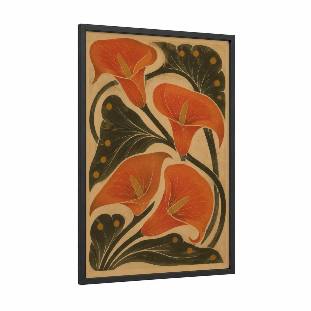 Art Deco Lily Floral Wall Art framed art print — black wood frame — orange and beige palette