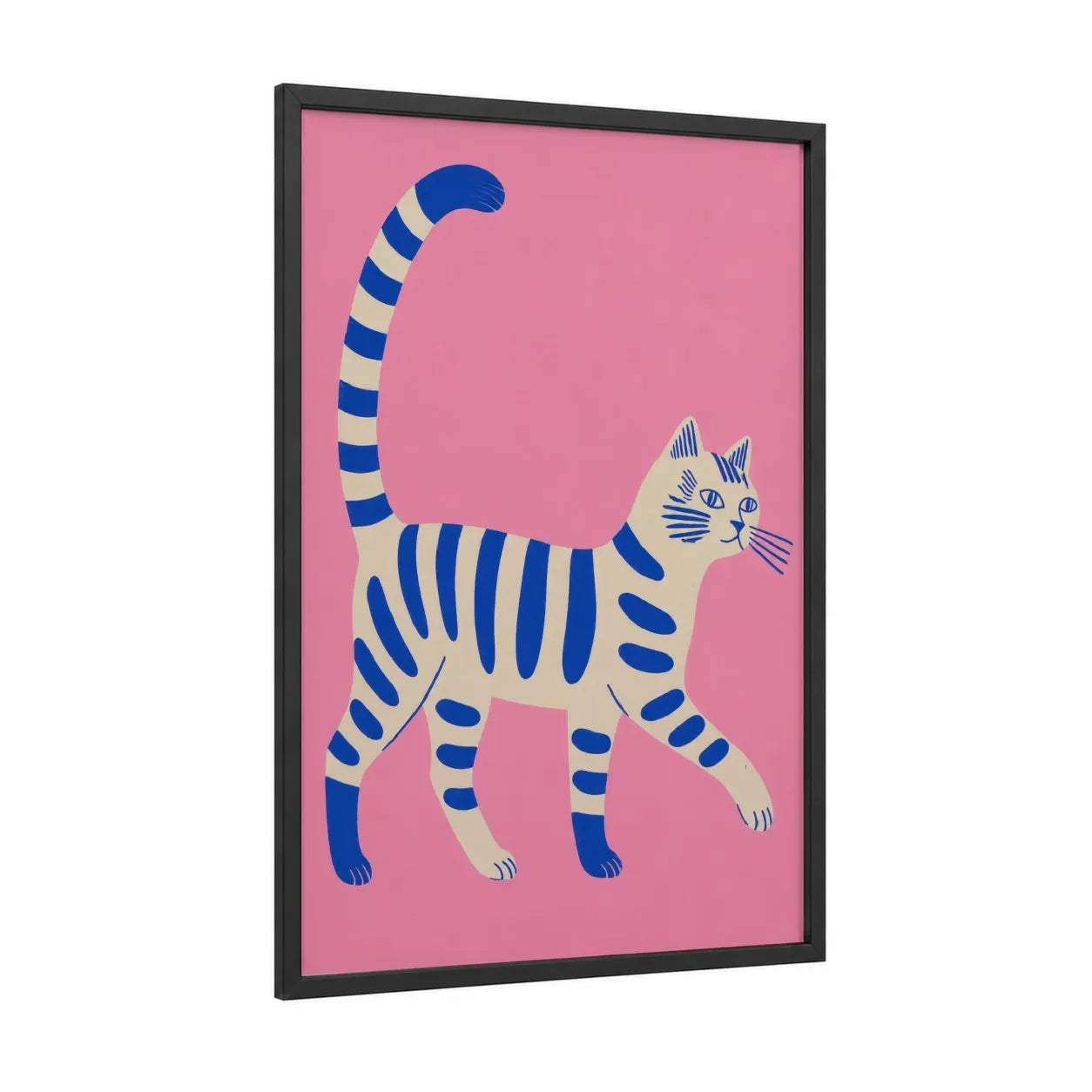 Blue Striped Cat Wall Art framed art print — black wood frame — blue and pink palette