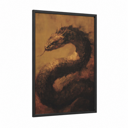 Golden Basilisk framed art print — black wood frame — gold and maroon palette
