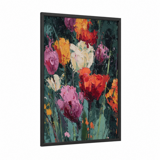 Vibrant Tulip Garden framed art print — black wood frame — magenta and dark green palette