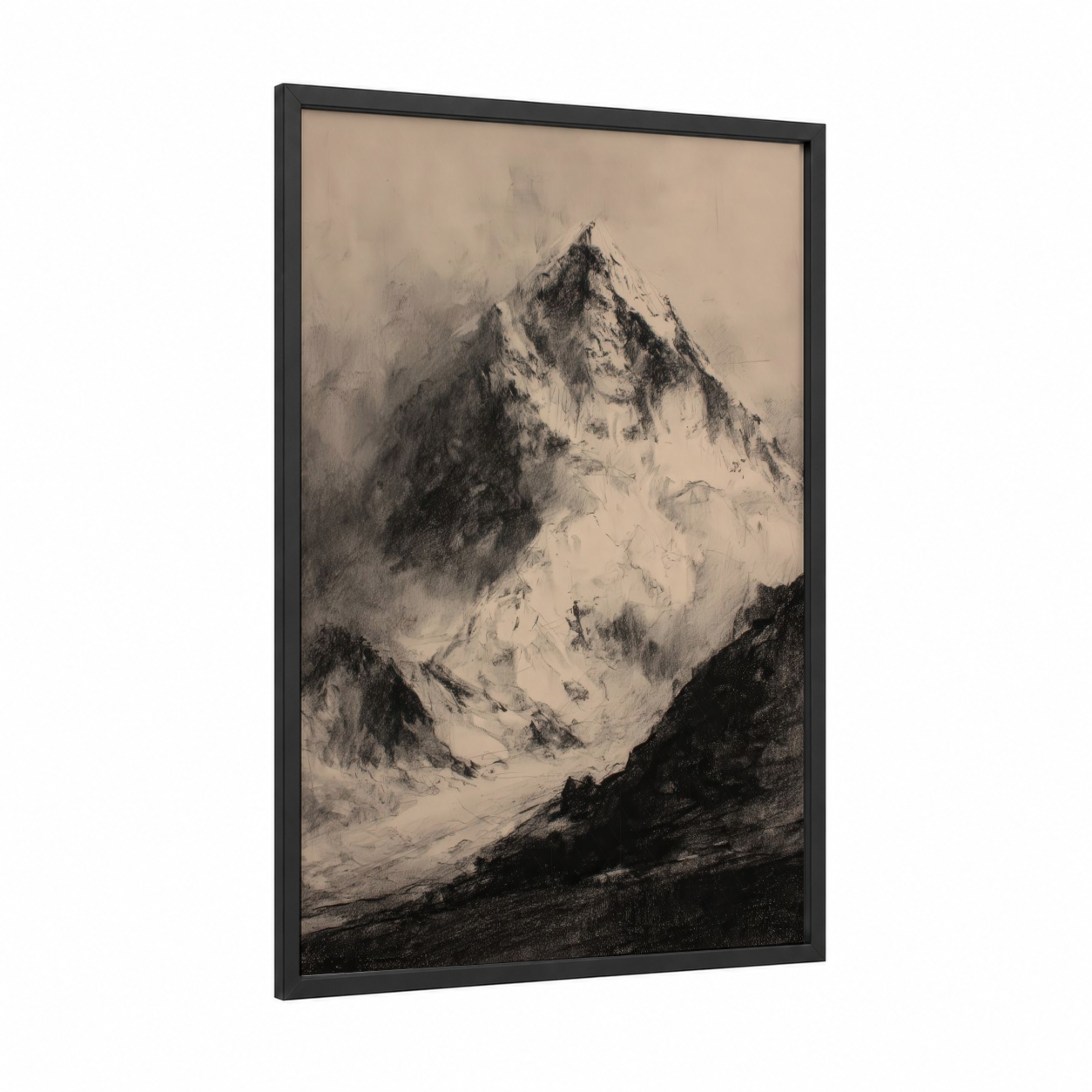 Misty Everest framed mount everest print — black wood frame — black and white and gray palette