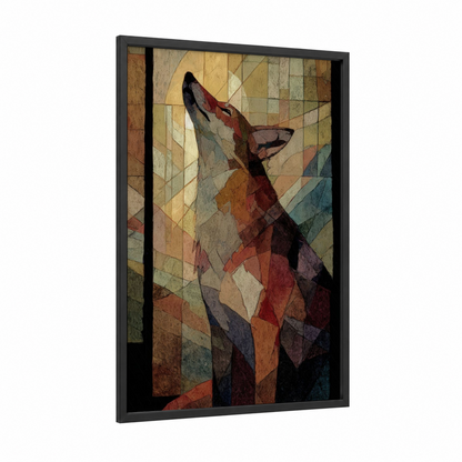 Geometric Coyote framed art print — black wood frame — russet and gold and teal palette