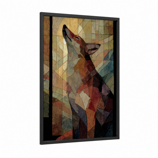 Geometric Coyote framed art print — black wood frame — russet and gold and teal palette