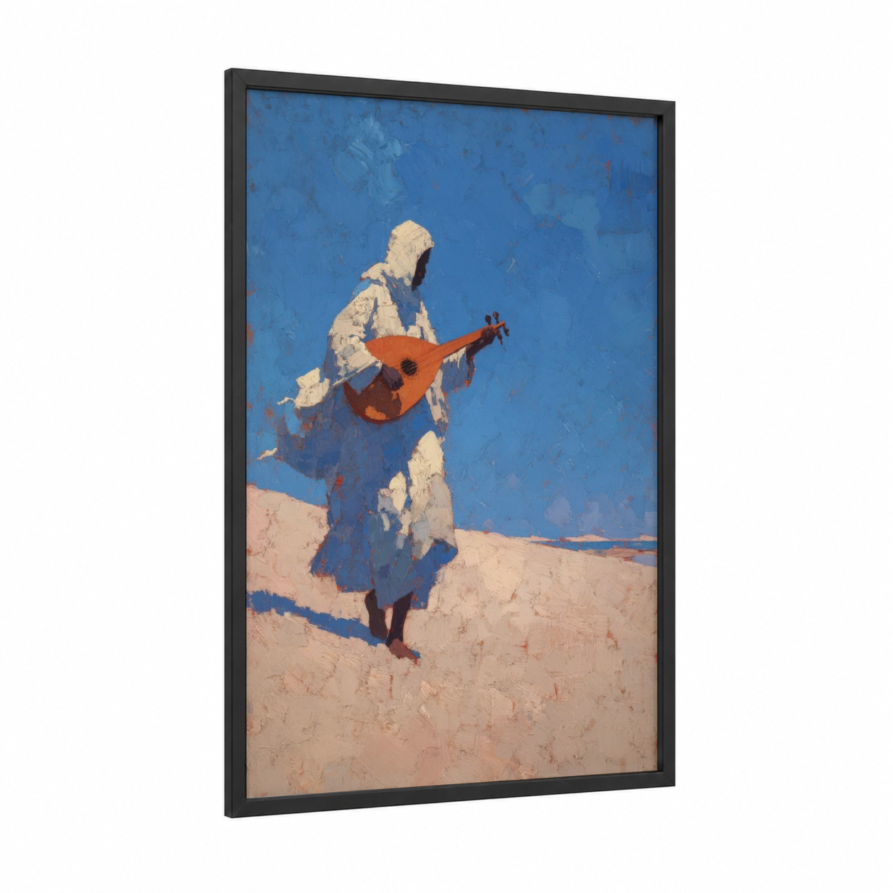 Beach Musician framed art print — black wood frame — blue and peach palette