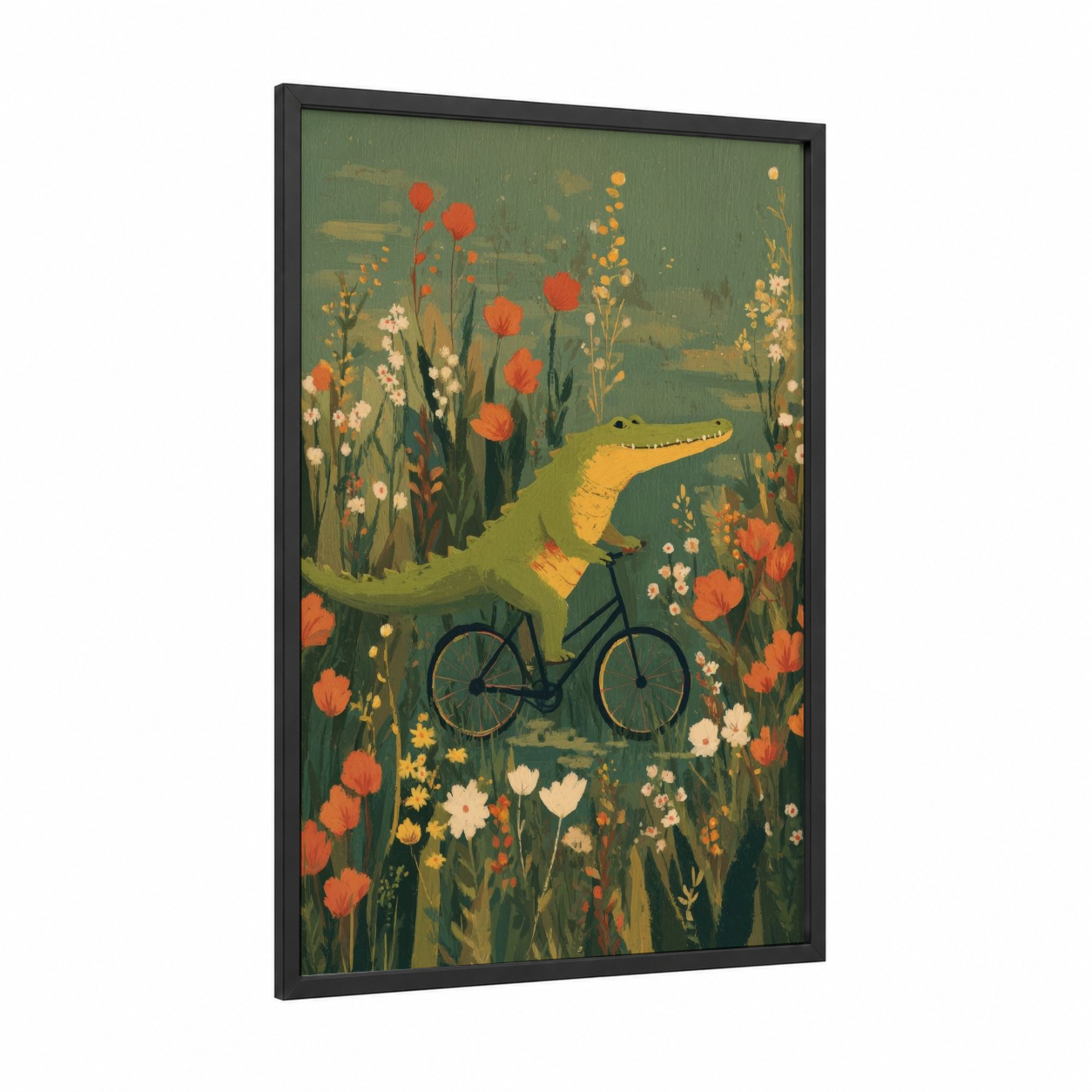 Cycling Alligator framed art print — black wood frame — sage green and orange palette