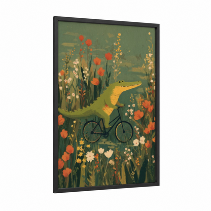 Cycling Alligator framed art print — black wood frame — sage green and orange palette