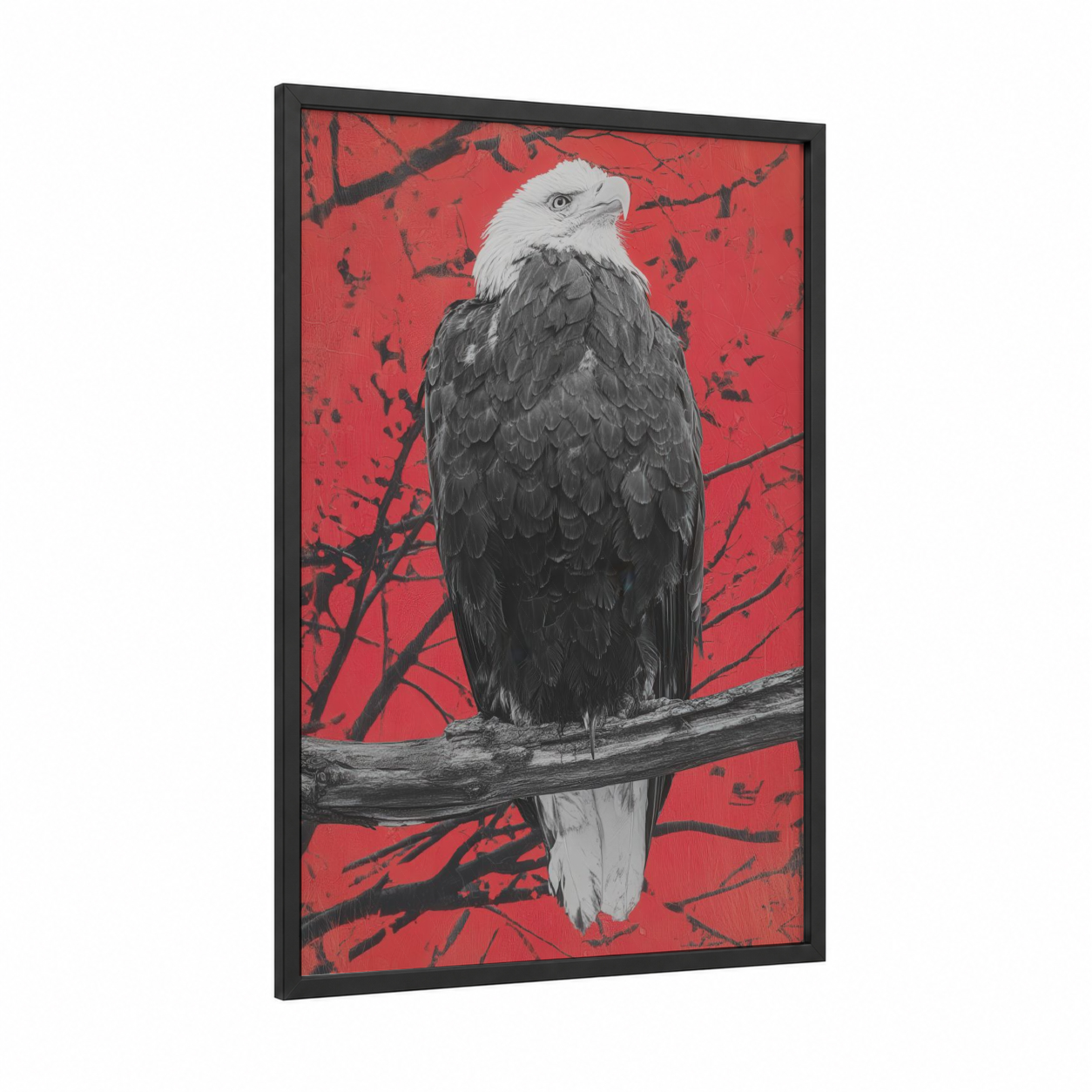 Crimson Eagle Portrait framed art print — black wood frame — red and black and white palette