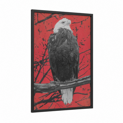 Crimson Eagle Portrait framed art print — black wood frame — red and black and white palette