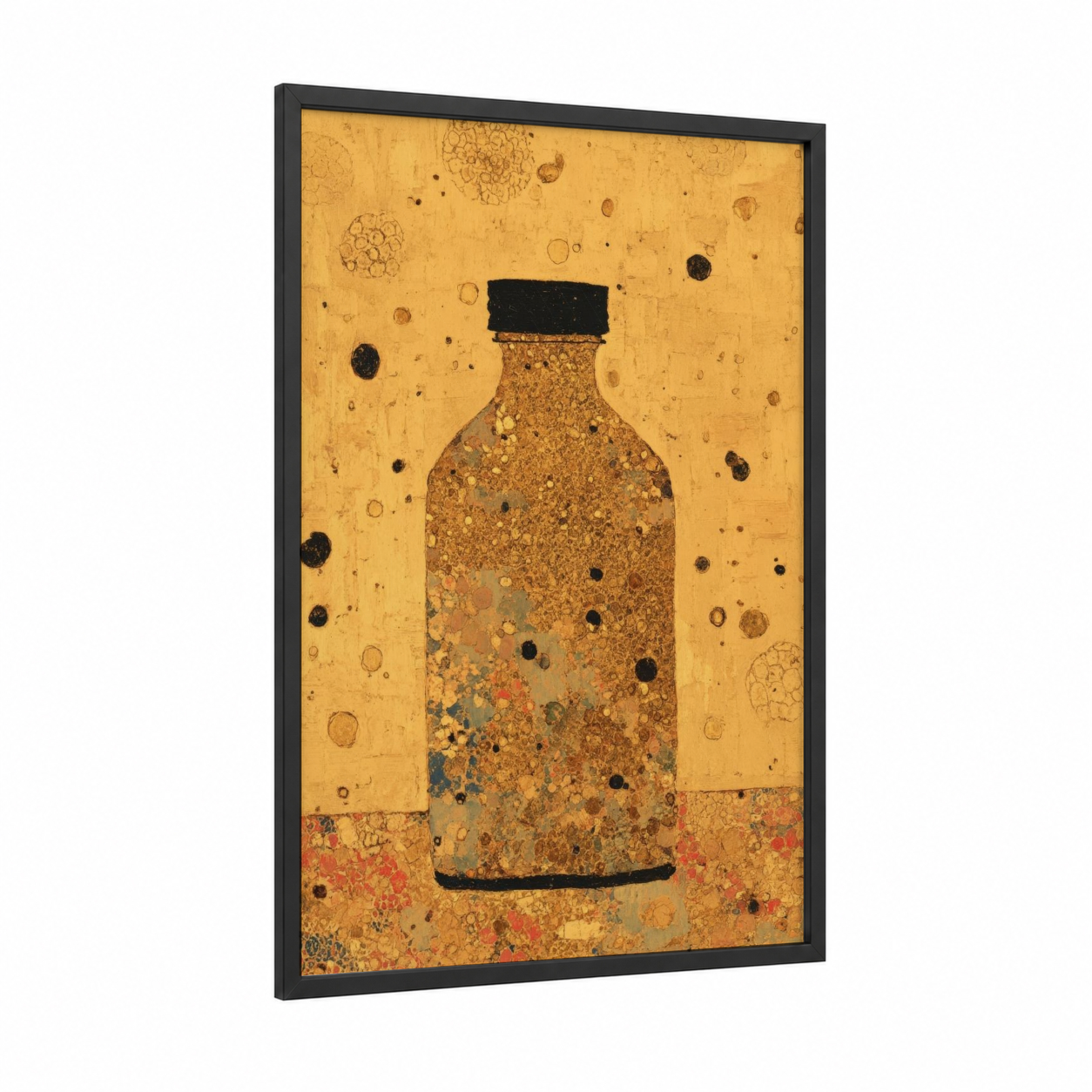 Golden Condiment Bottle framed condiments print — black wood frame — gold and black and gold palette