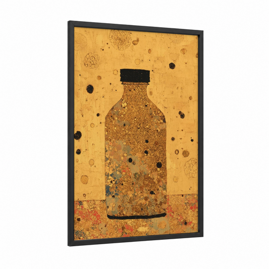 Golden Condiment Bottle framed condiments print — black wood frame — gold and black and gold palette
