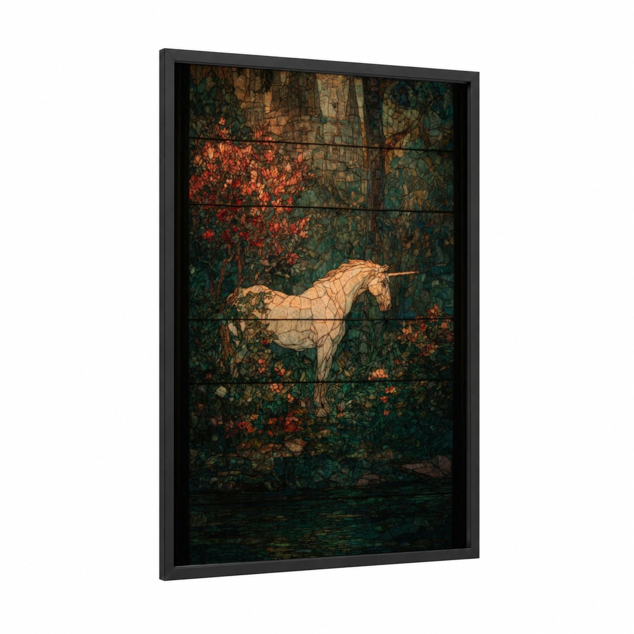 Enchanted Unicorn framed unicorns print — black wood frame — teal and gold palette