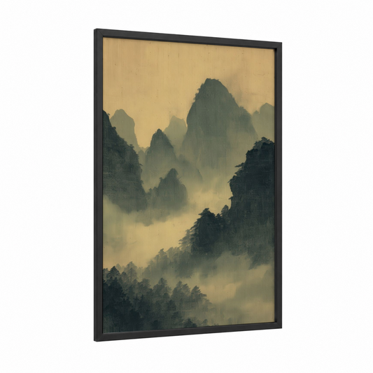 Mountain Mist framed art print — black wood frame — beige and dove gray palette