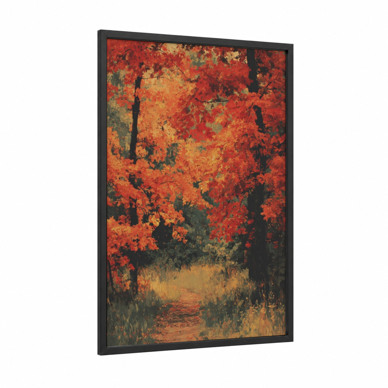 Crimson Oak Forest framed art print — black wood frame — red and gold palette