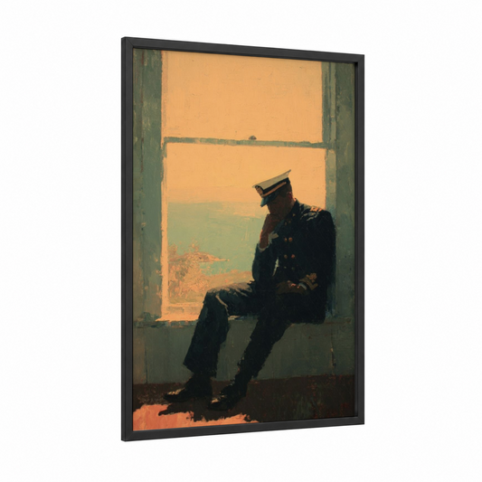 Soldier's Reflection framed veterans day print — black wood frame — gold and sage green palette