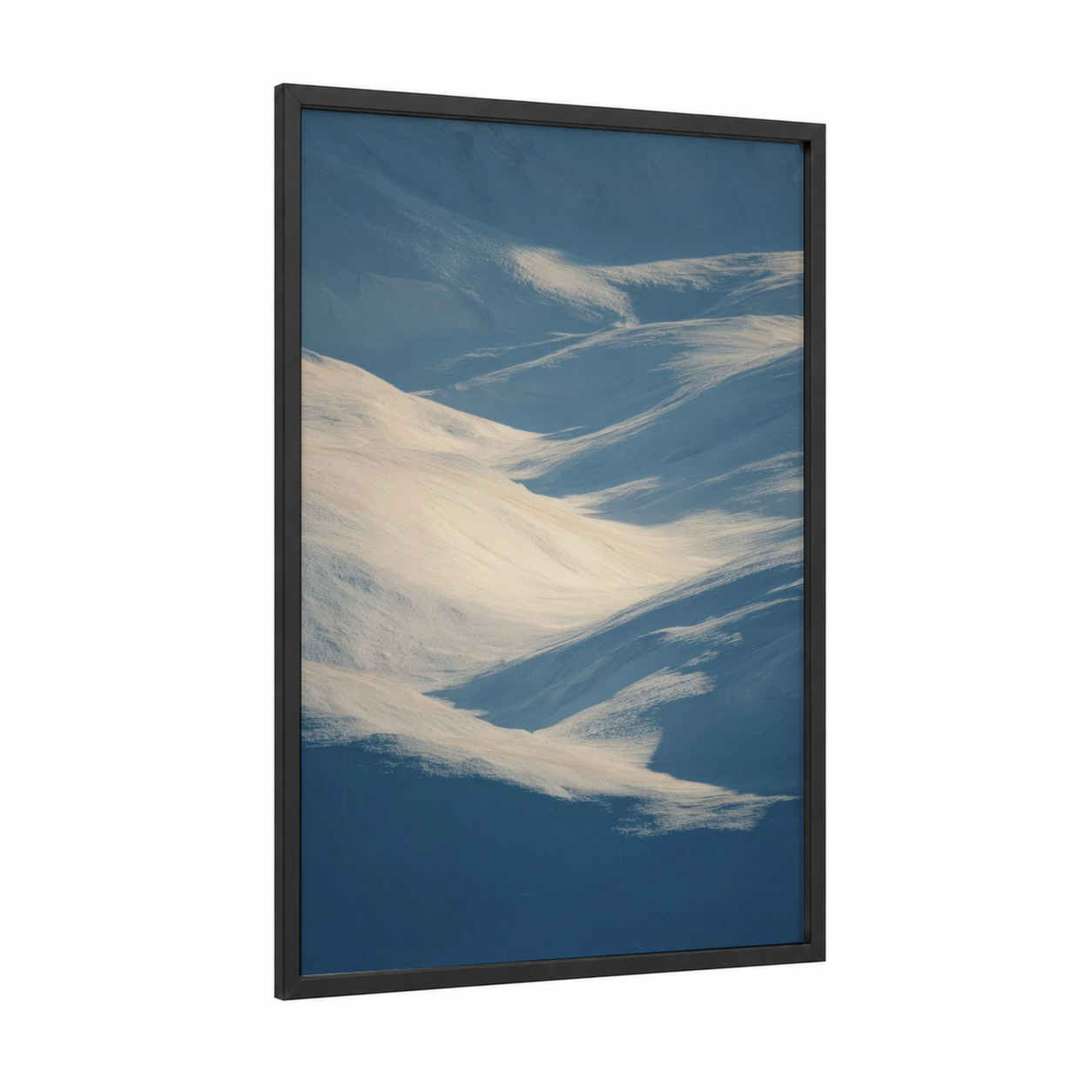 Alpine Glacier Flow framed art print — black wood frame — blue and white and white palette