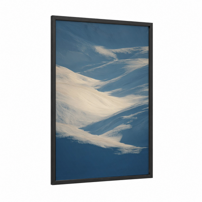 Alpine Glacier Flow framed art print — black wood frame — blue and white and white palette