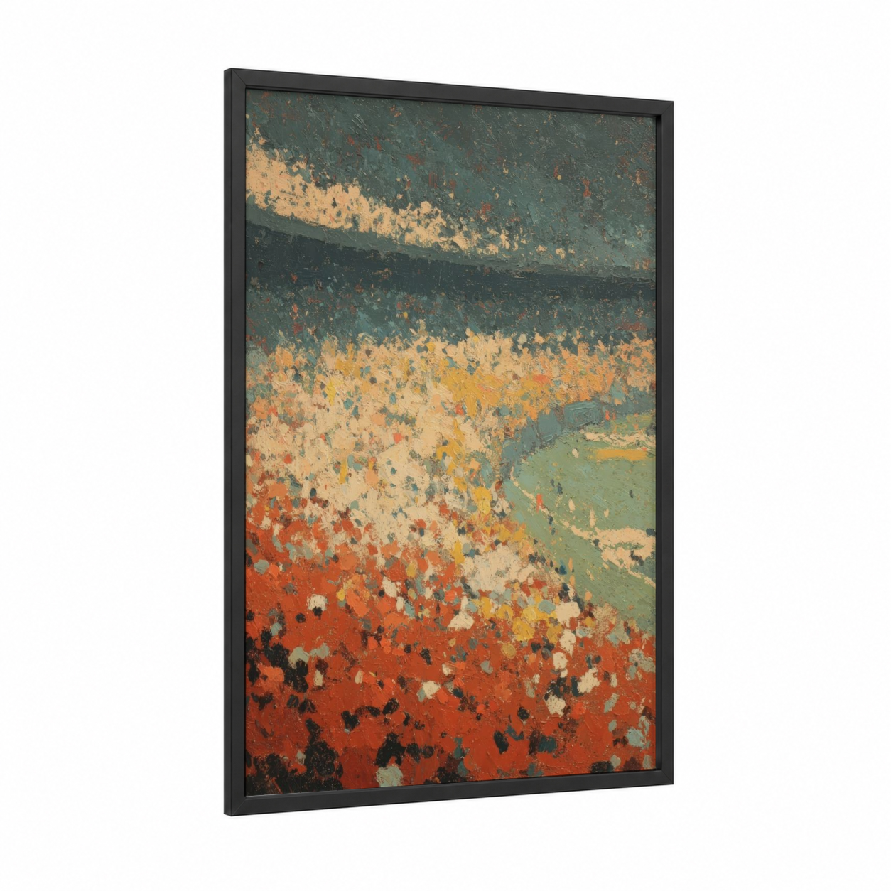 Vintage Stadium Field framed football print — black wood frame — teal palette