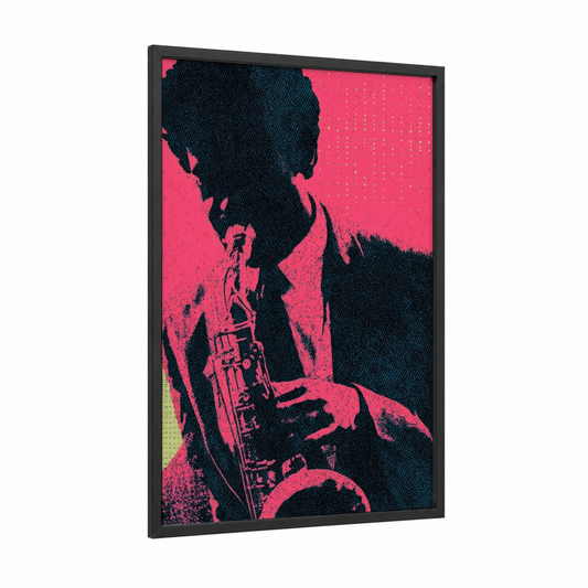 Neon Jazz Player framed art print — black wood frame — magenta and black palette