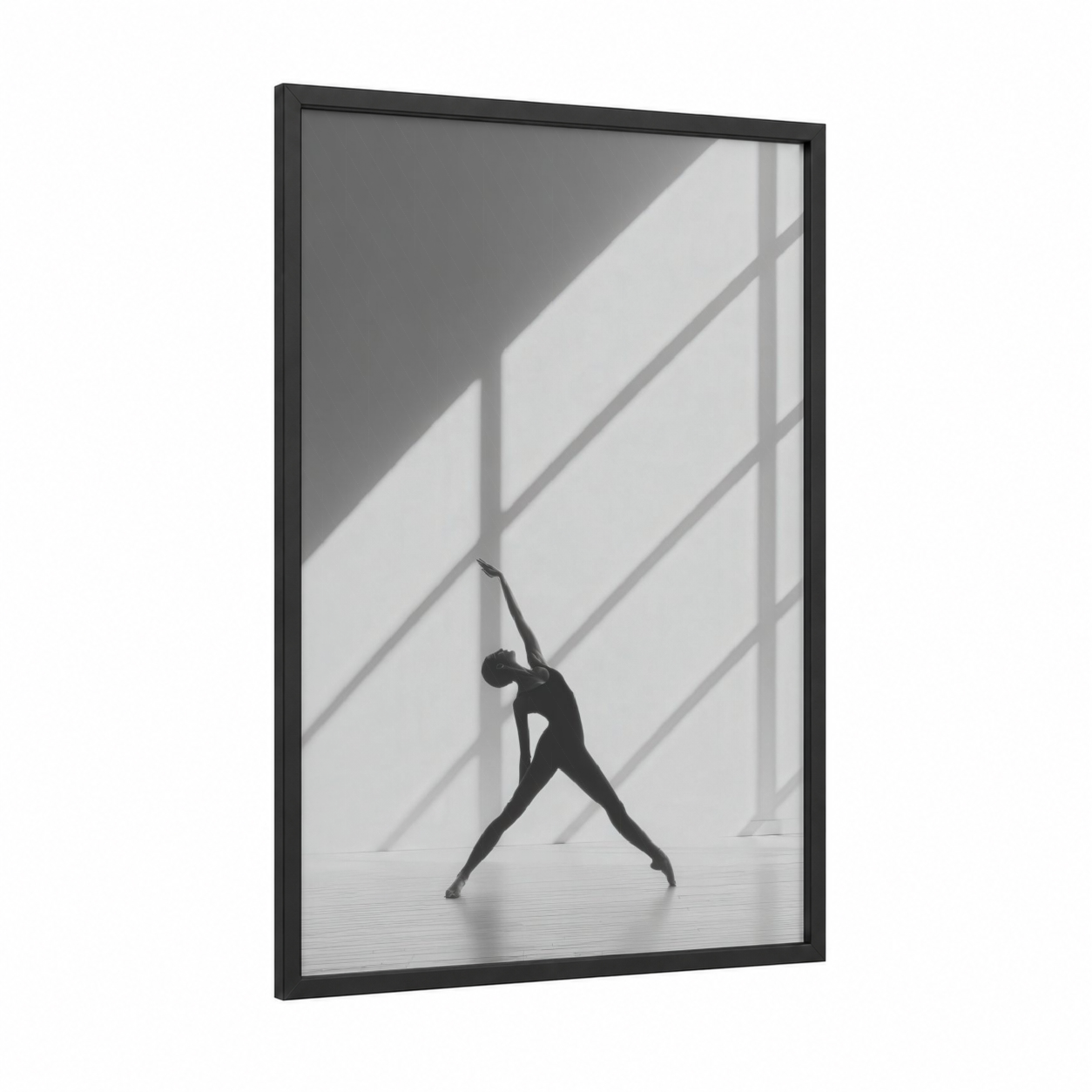 Geometric Dancer framed modern dance print — black wood frame — black and white and gray palette