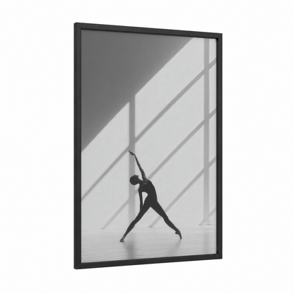 Geometric Dancer framed modern dance print — black wood frame — black and white and gray palette