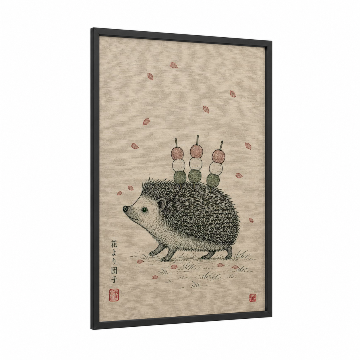 Hedgehog Autumn Leaves Japanese Wall Art framed art print — black wood frame — beige and sage green palette