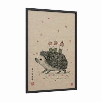 Hedgehog Autumn Leaves Japanese Wall Art framed art print — black wood frame — beige and sage green palette