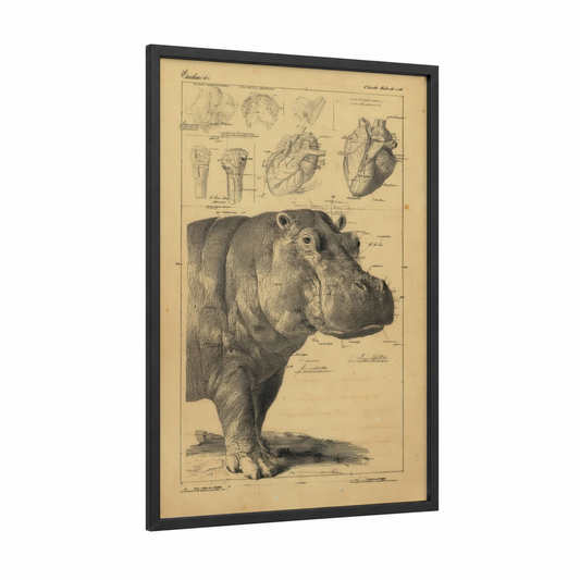 Anatomical Hippo framed art print — black wood frame — cream and black and white palette