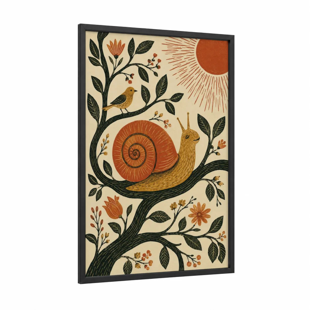 Folk Art Snail and Bird Wall Art framed art print — black wood frame — orange and beige palette