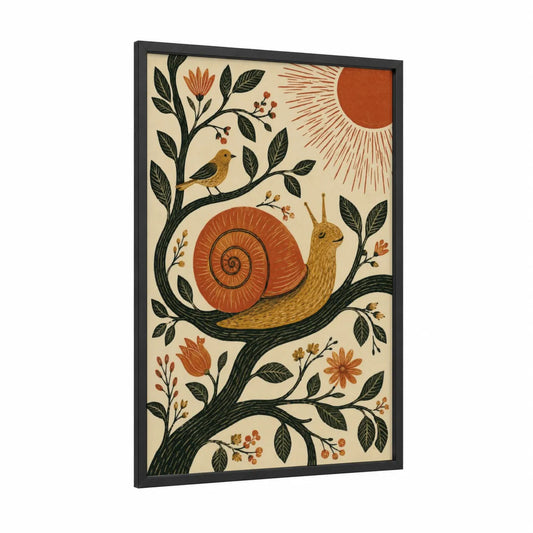 Folk Art Snail and Bird Wall Art framed art print — black wood frame — orange and beige palette