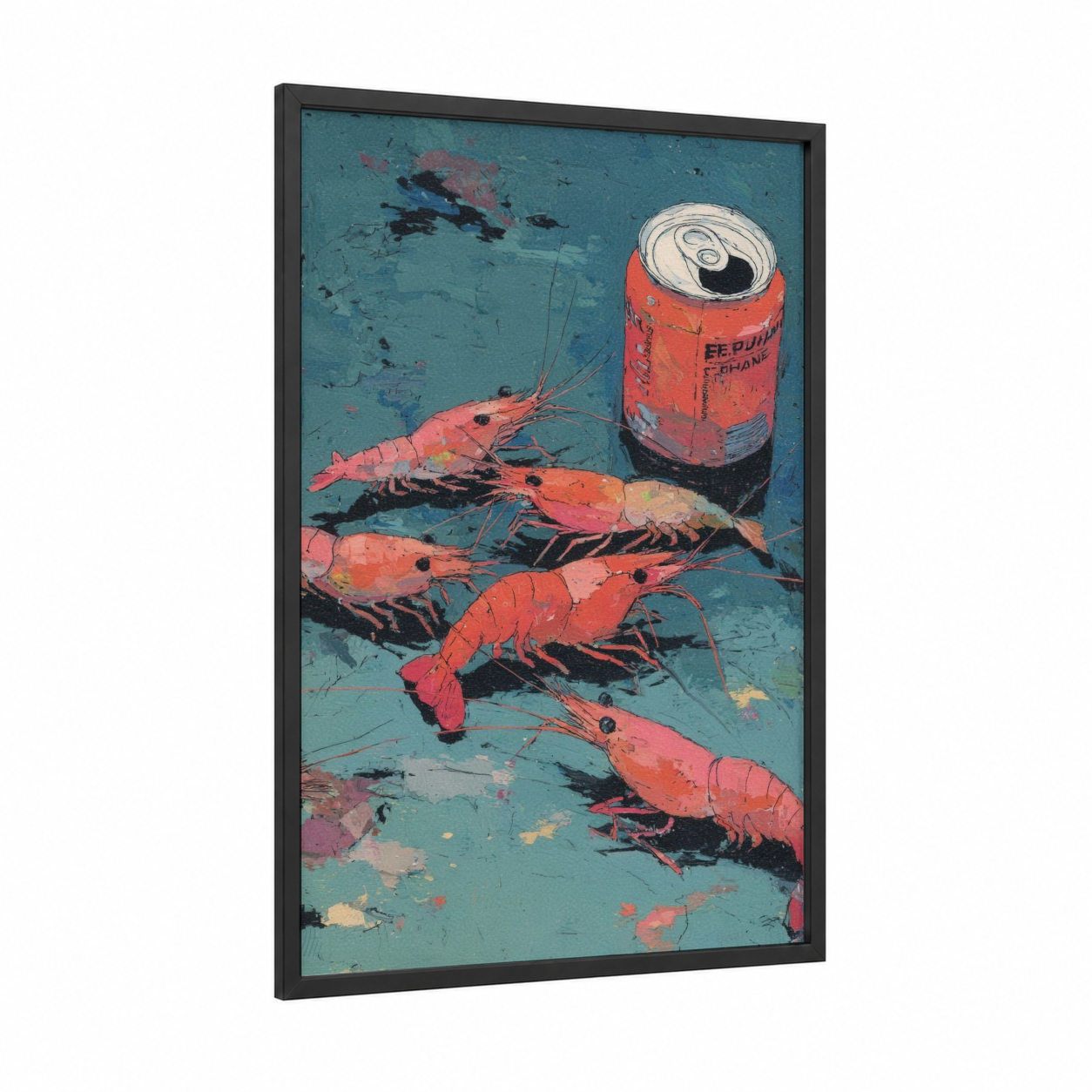 Retro Shrimp framed art print — black wood frame — teal and red palette