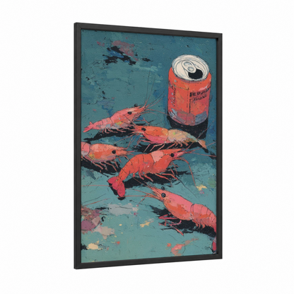 Retro Shrimp framed art print — black wood frame — teal and red palette