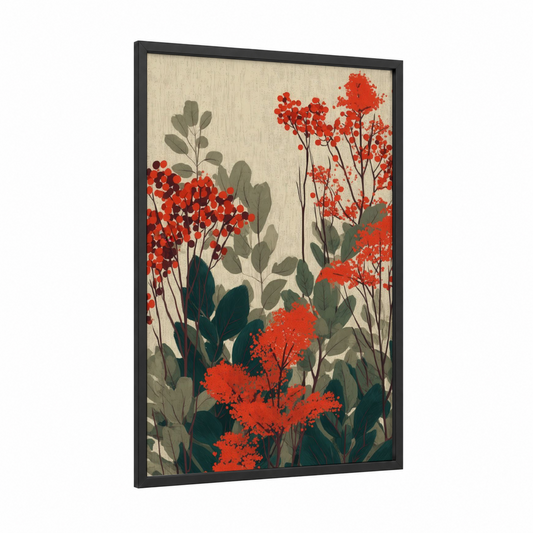 Crimson Juniper framed juniper tree print — black wood frame — red and sage green palette